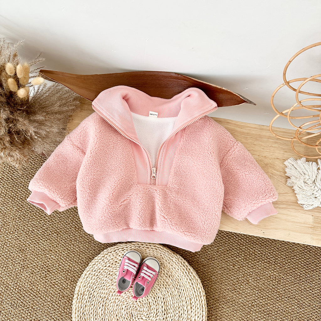 Cute Baby Half Zip Sherpa Jacket, Rib Cuff Collar Kids Warm Coat