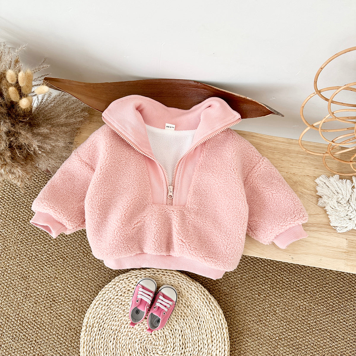 Cute Baby Half Zip Sherpa Jacket, Rib Cuff Collar Kids Warm Coat