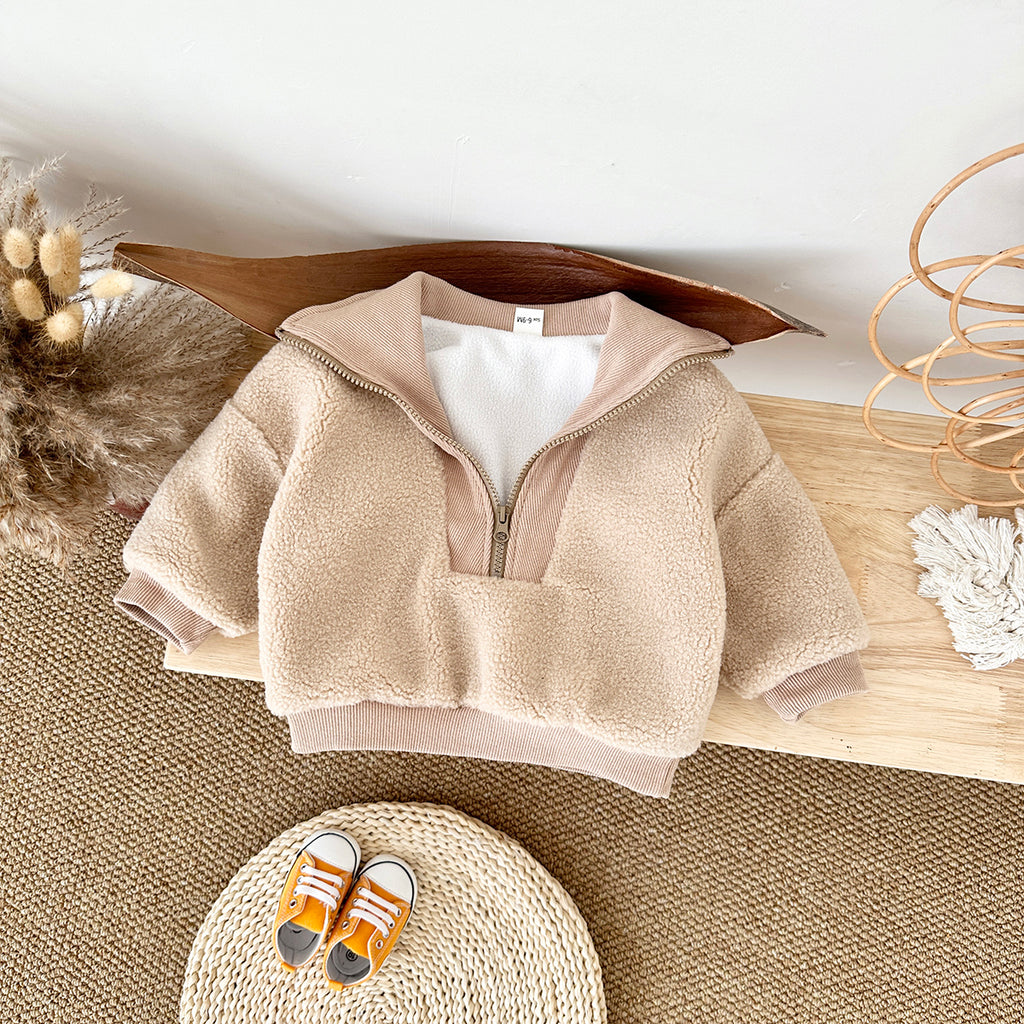 Cute Baby Half Zip Sherpa Jacket, Rib Cuff Collar Kids Warm Coat