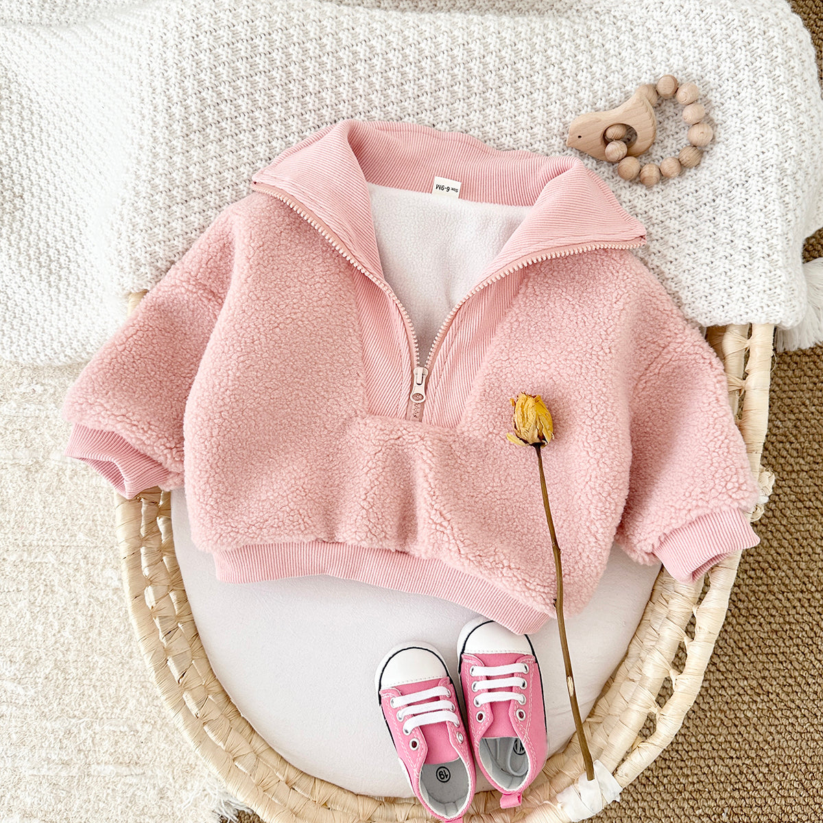 Cute Baby Half Zip Sherpa Jacket, Rib Cuff Collar Kids Warm Coat