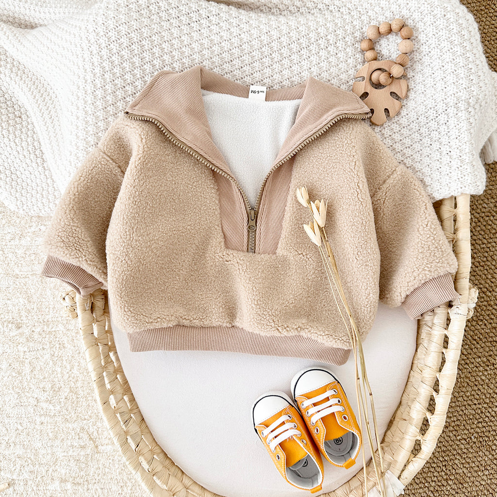 Cute Baby Half Zip Sherpa Jacket, Rib Cuff Collar Kids Warm Coat