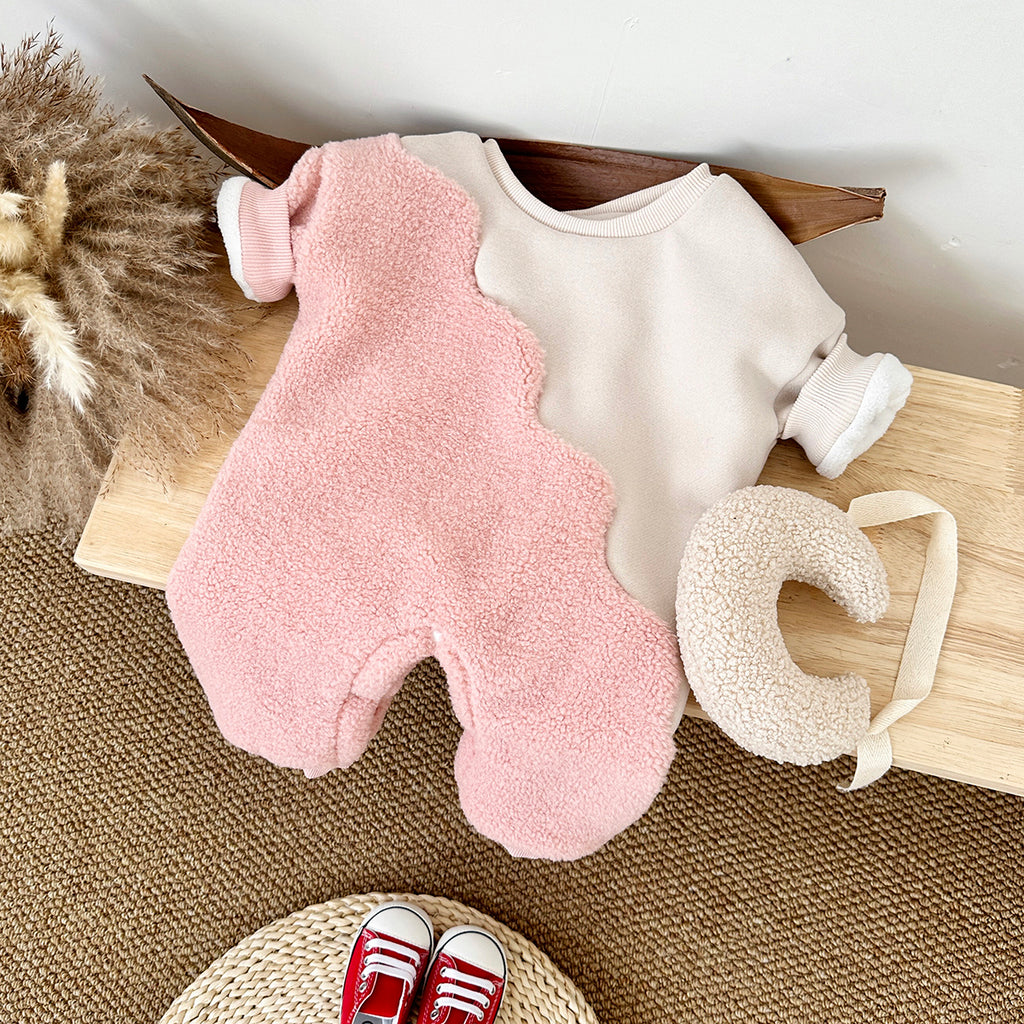 Cute Wavy Spliced Baby Romper, Color Block Sherpa Crewneck Warm Outfit