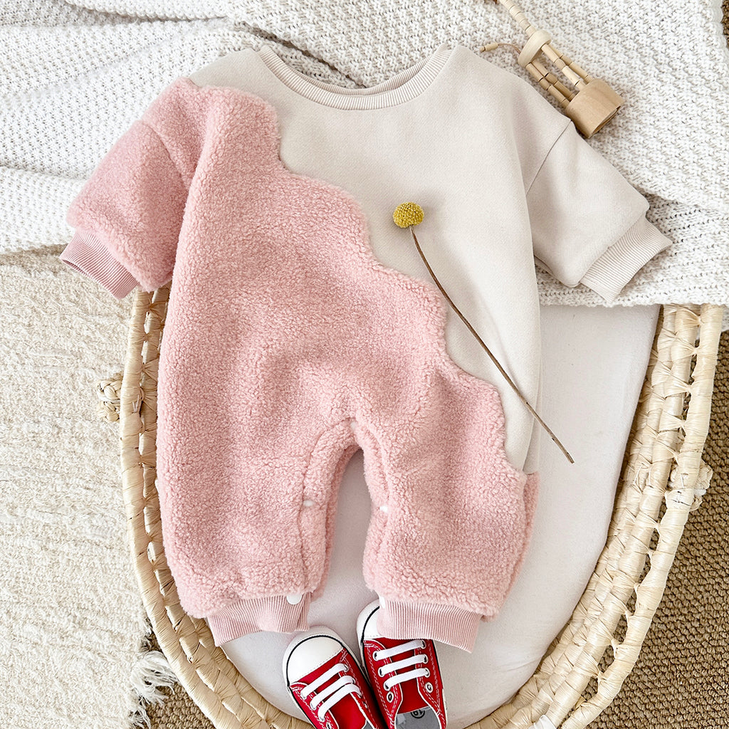 Cute Wavy Spliced Baby Romper, Color Block Sherpa Crewneck Warm Outfit