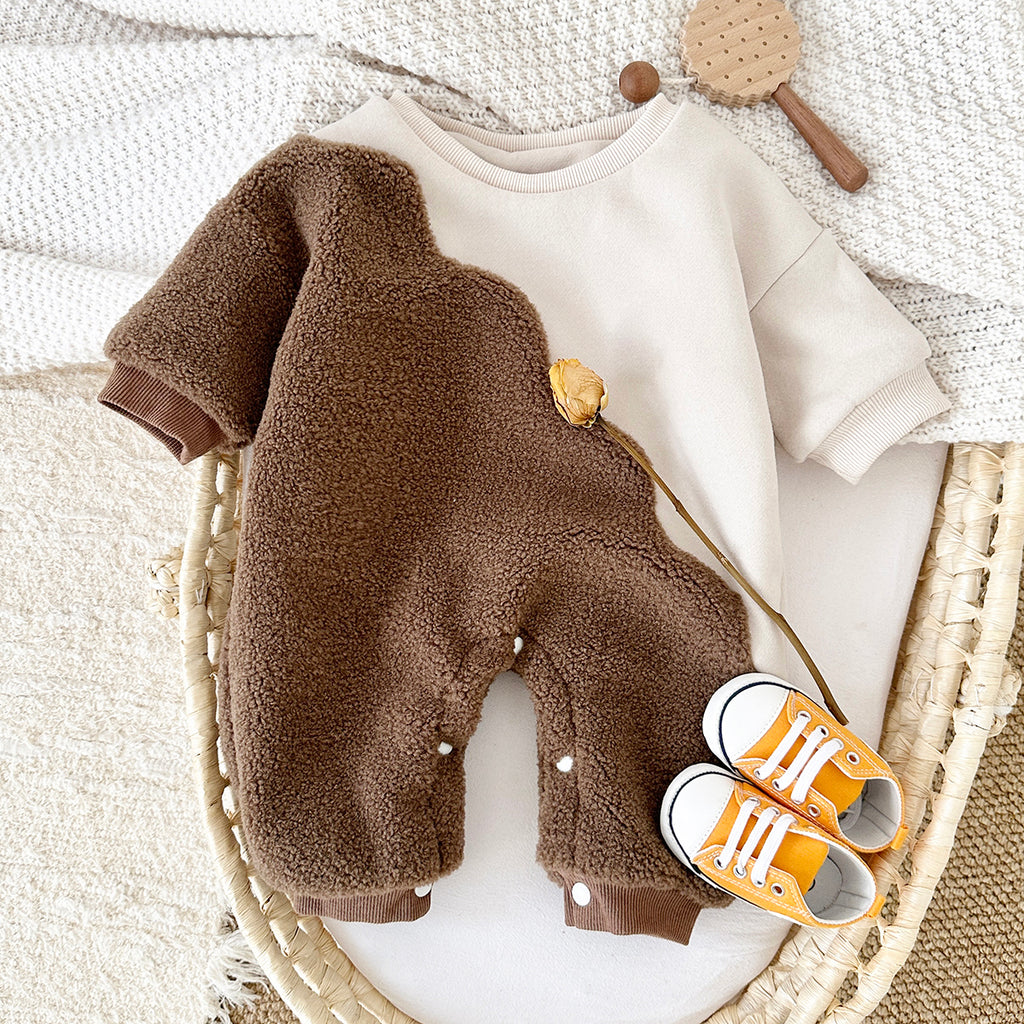 Cute Wavy Spliced Baby Romper, Color Block Sherpa Crewneck Warm Outfit