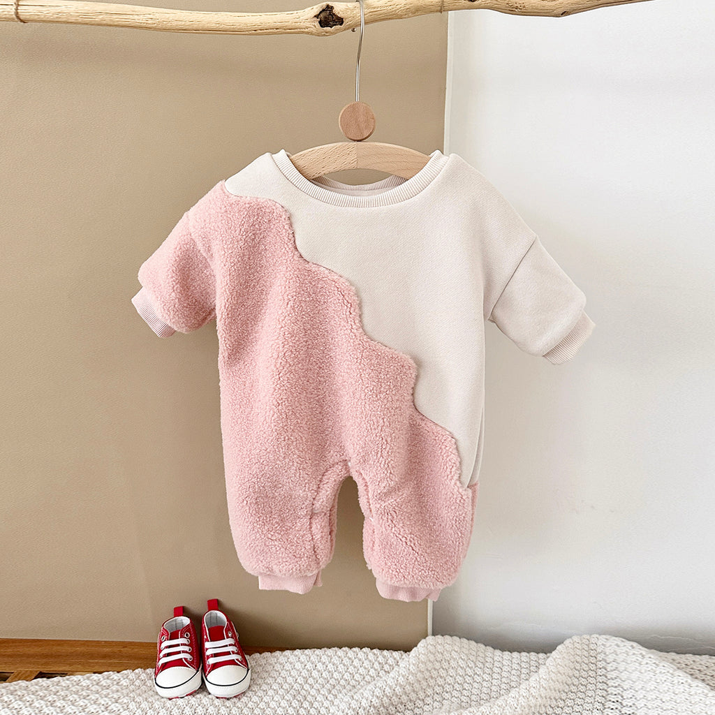 Cute Wavy Spliced Baby Romper, Color Block Sherpa Crewneck Warm Outfit