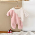 Cute Wavy Spliced Baby Romper, Color Block Sherpa Crewneck Warm Outfit