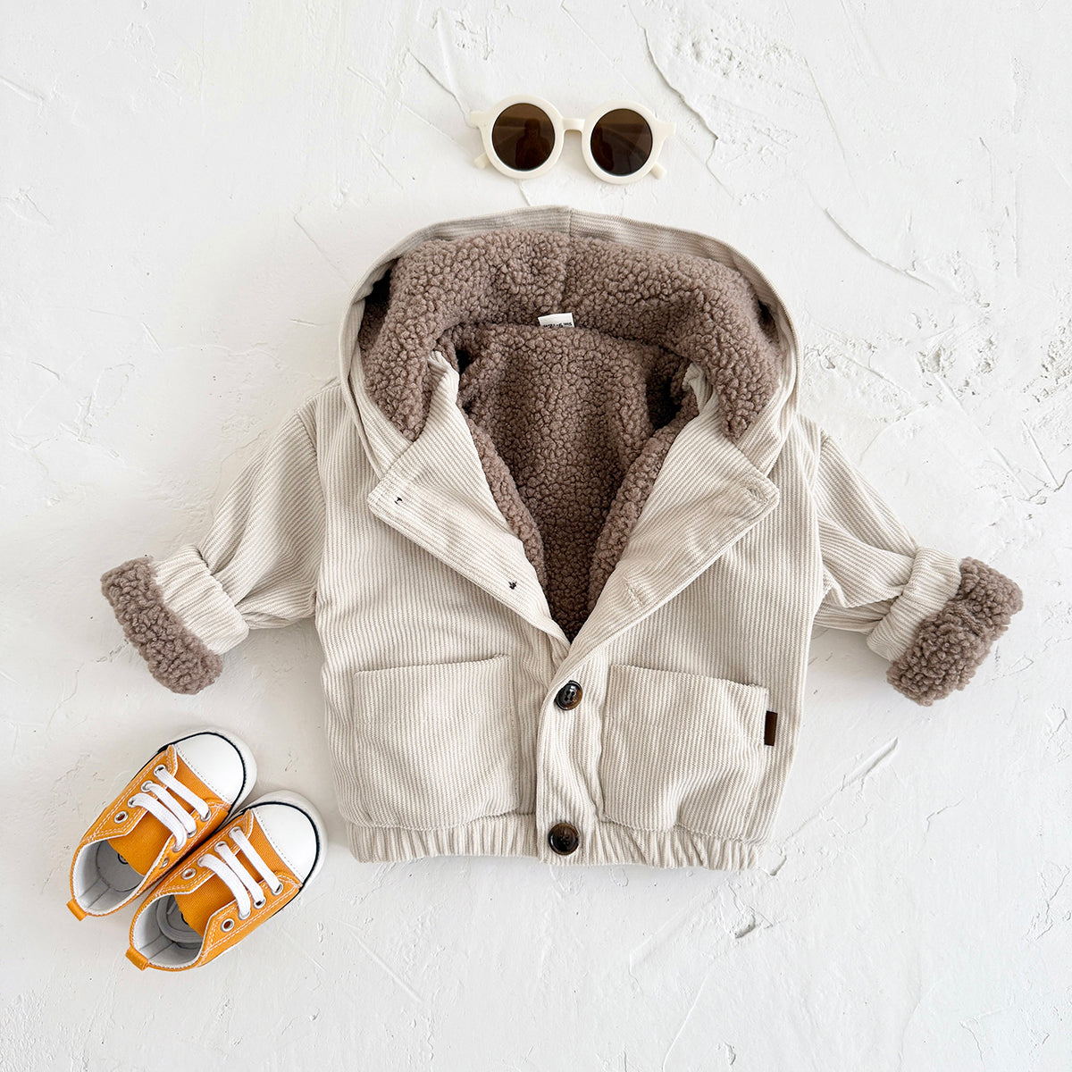 Baby Hooded Fleece Jacket, Lime Towel Embroidery Corduroy Kids Coat