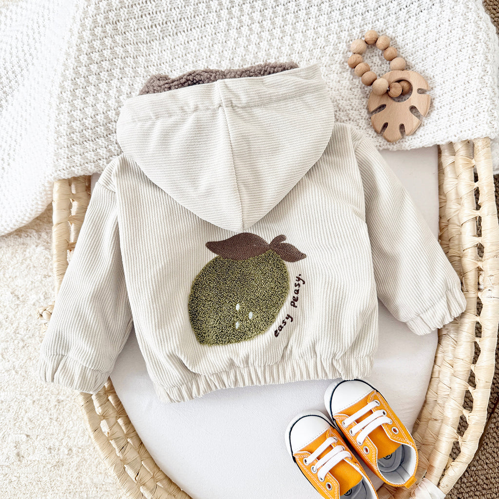 Baby Hooded Fleece Jacket, Lime Towel Embroidery Corduroy Kids Coat