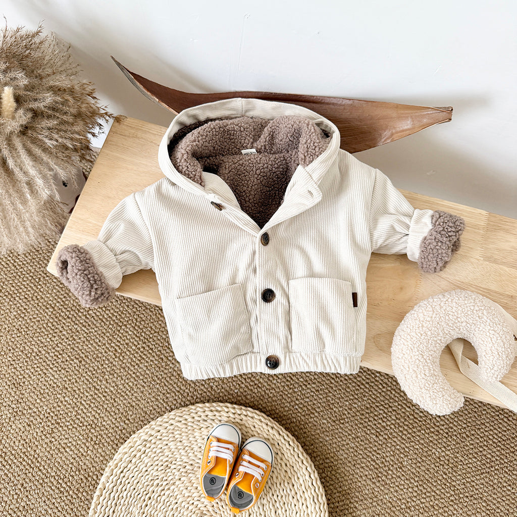 Baby Hooded Fleece Jacket, Lime Towel Embroidery Corduroy Kids Coat