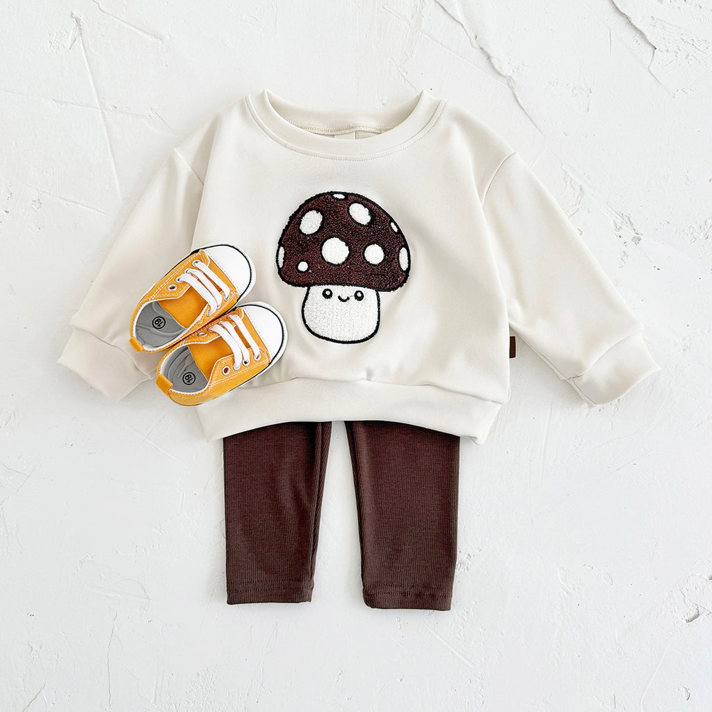 Forest Style Baby Outfit, Loose Crewneck Mushroom Sweatshirt And Solid Pants