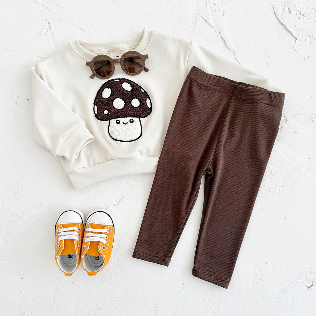Forest Style Baby Outfit, Loose Crewneck Mushroom Sweatshirt And Solid Pants