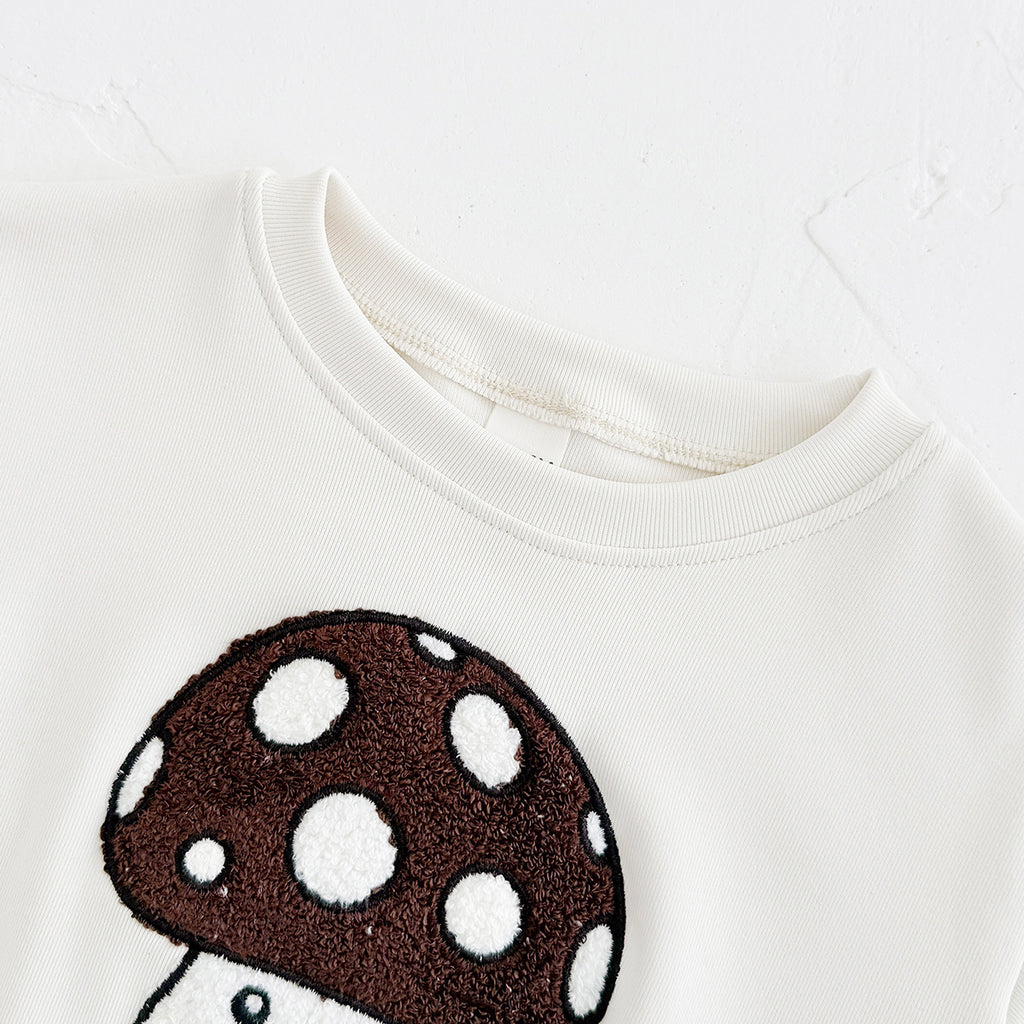 Forest Style Baby Outfit, Loose Crewneck Mushroom Sweatshirt And Solid Pants