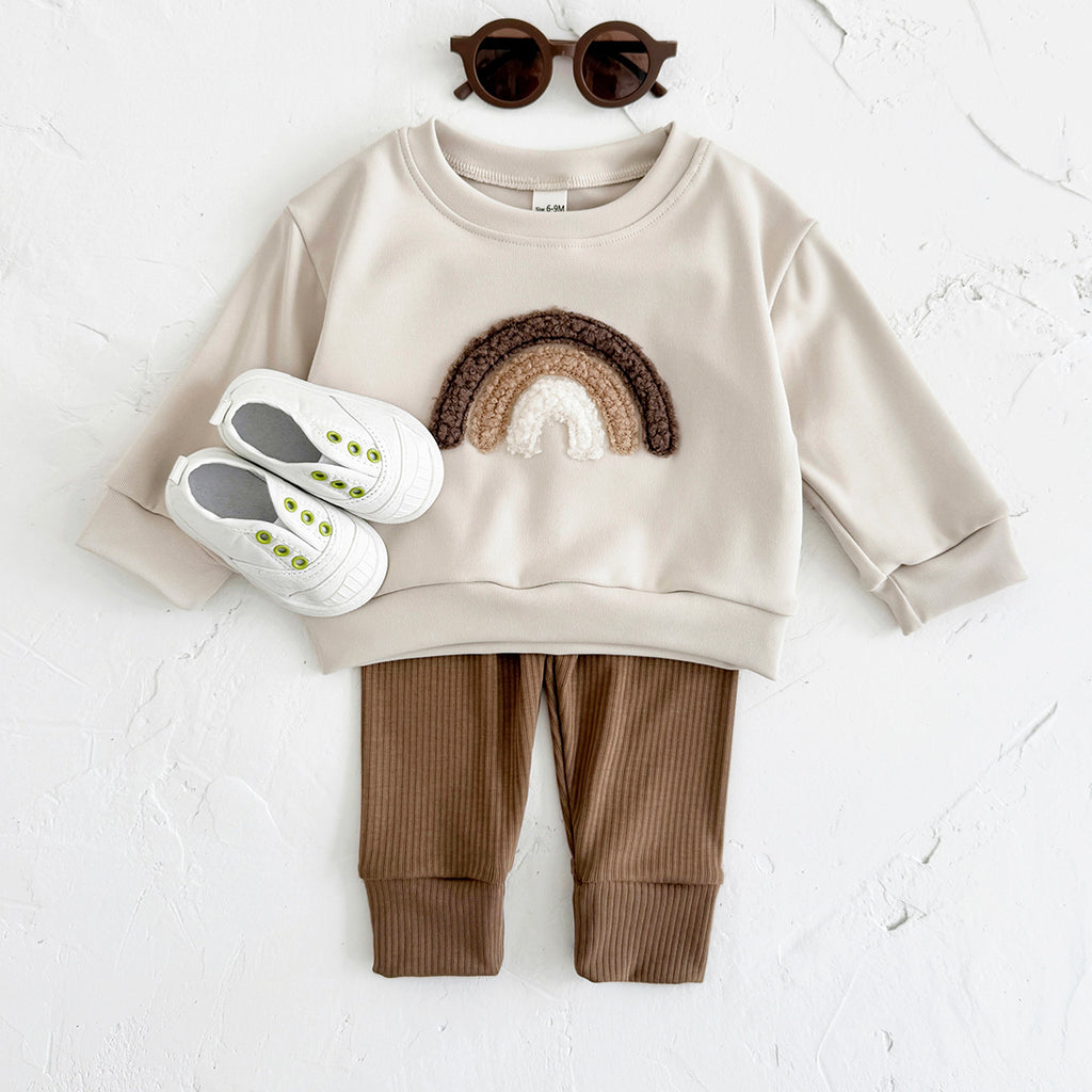Cute Rainbow Baby Outfit, Loose Crewneck Sweatshirt And Brown Rib Pants
