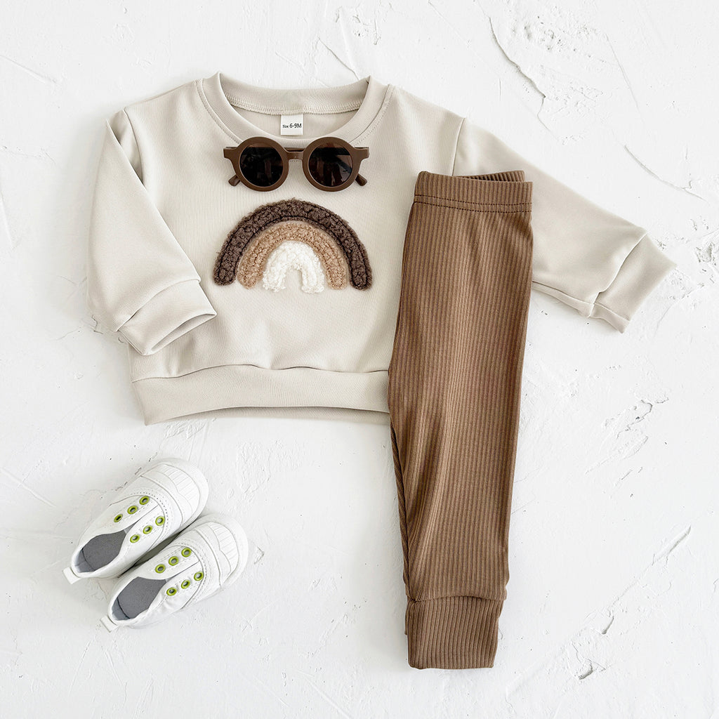Cute Rainbow Baby Outfit, Loose Crewneck Sweatshirt And Brown Rib Pants