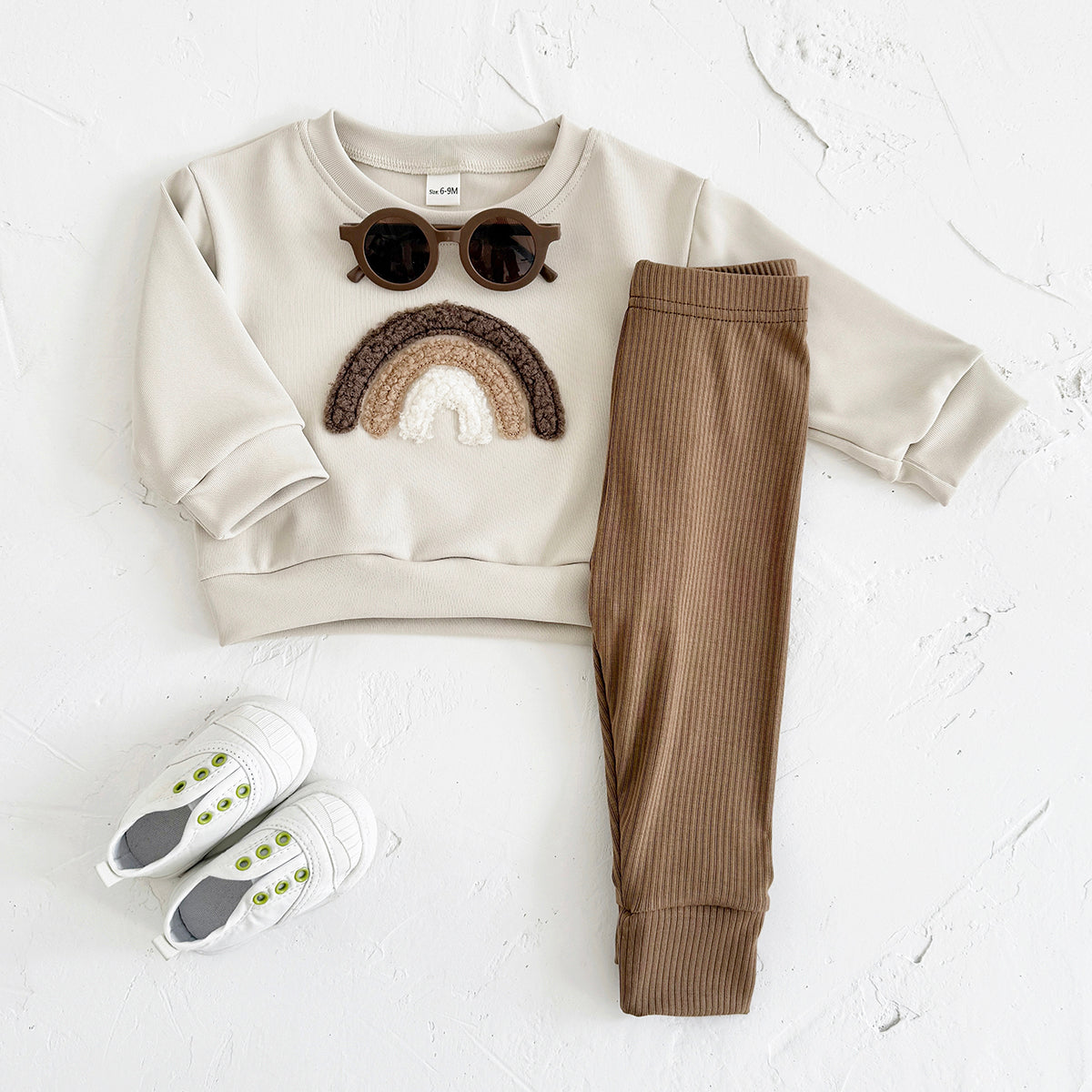 Cute Rainbow Baby Outfit, Loose Crewneck Sweatshirt And Brown Rib Pants