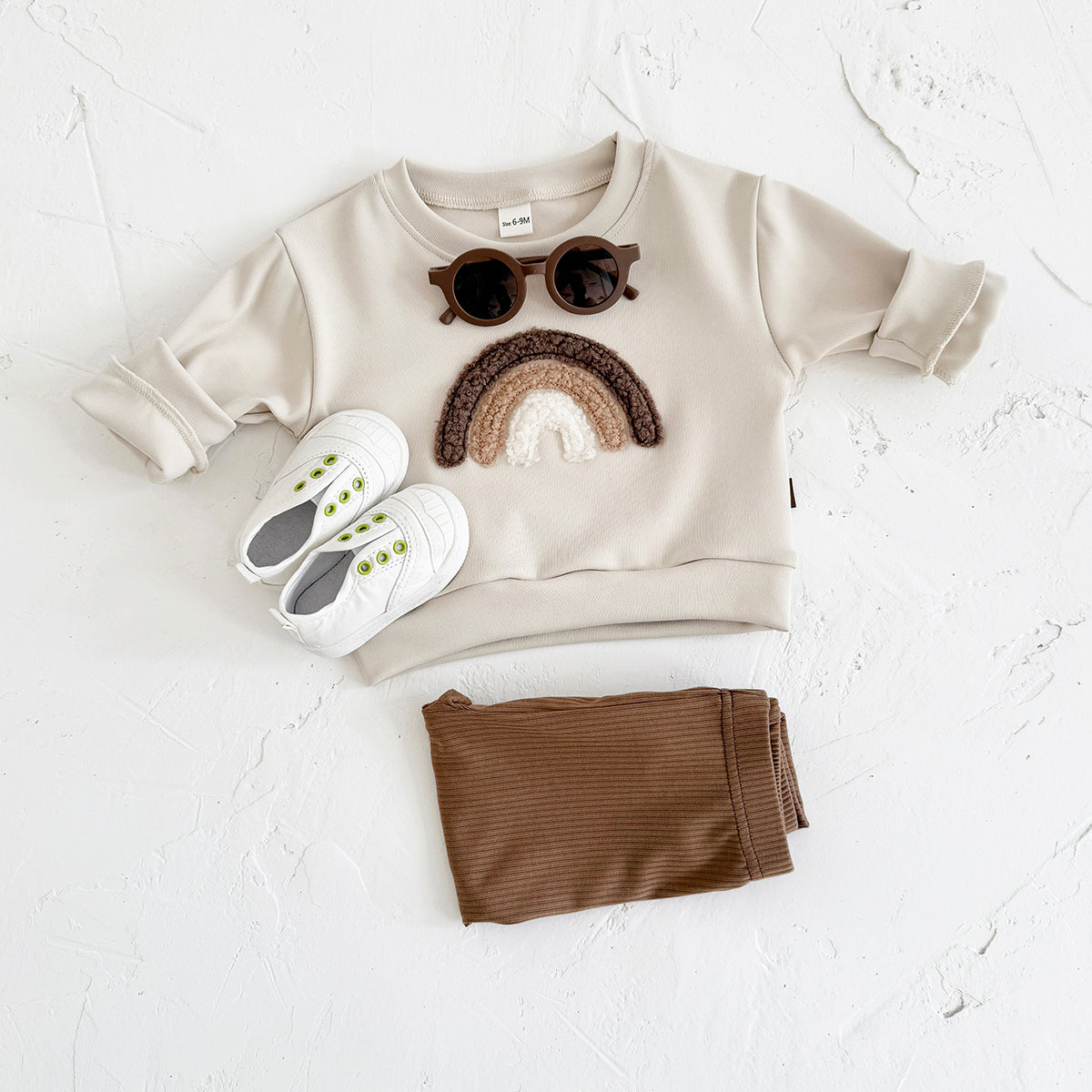 Cute Rainbow Baby Outfit, Loose Crewneck Sweatshirt And Brown Rib Pants