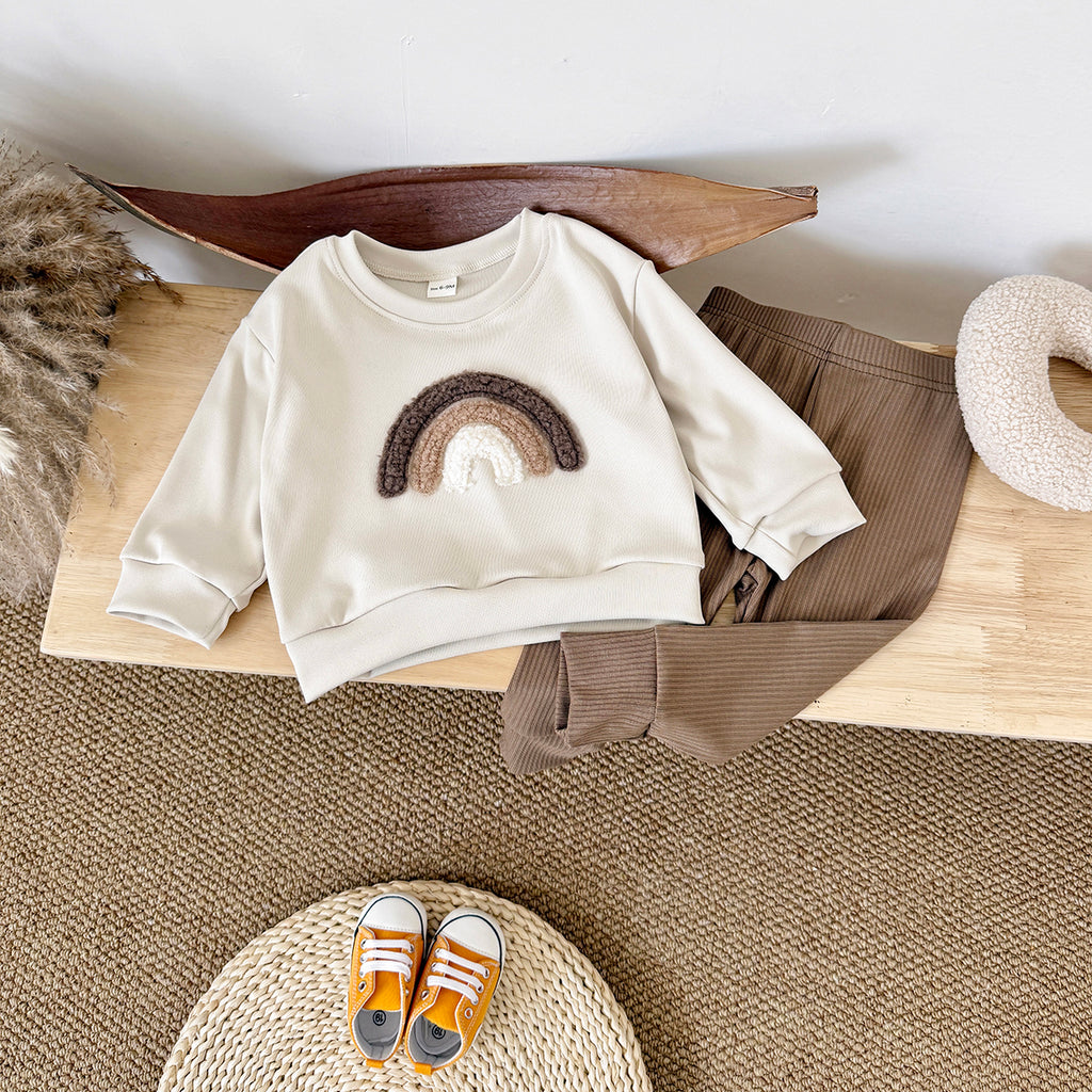 Cute Rainbow Baby Outfit, Loose Crewneck Sweatshirt And Brown Rib Pants
