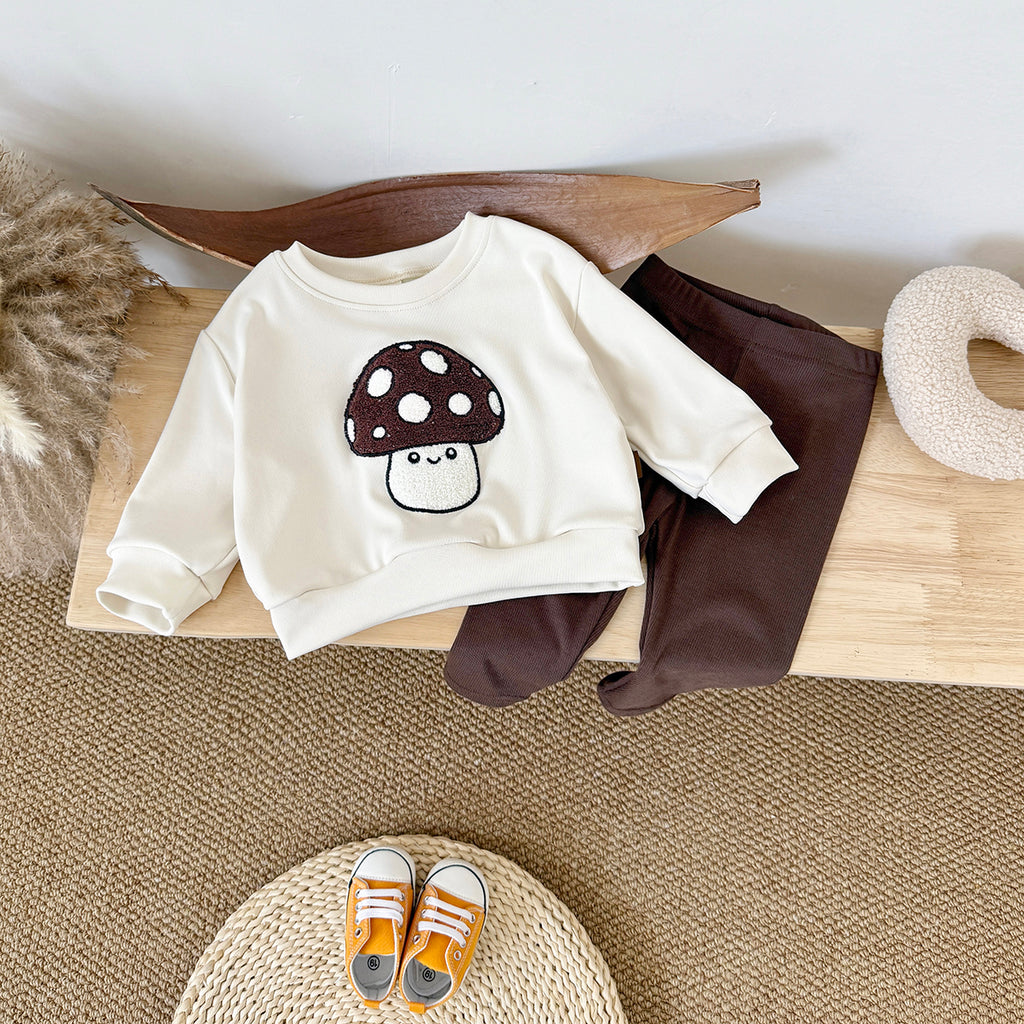 Forest Style Baby Outfit, Loose Crewneck Mushroom Sweatshirt And Solid Pants