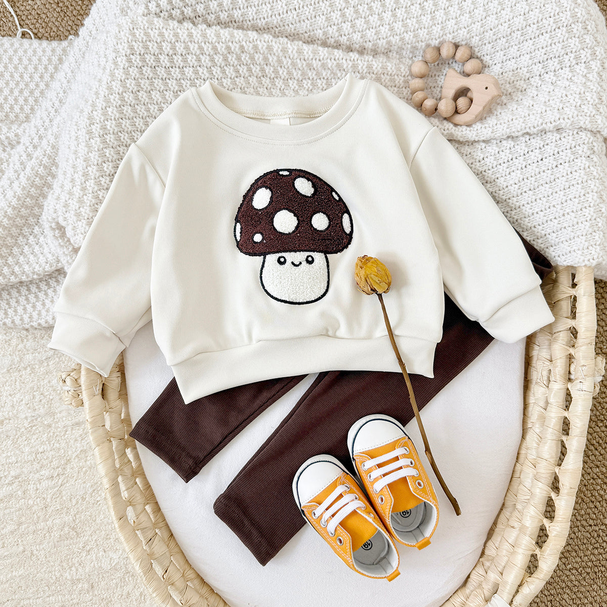 Forest Style Baby Outfit, Loose Crewneck Mushroom Sweatshirt And Solid Pants