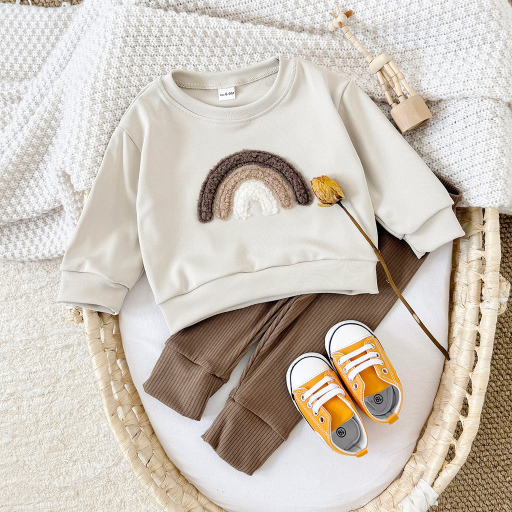 Cute Rainbow Baby Outfit, Loose Crewneck Sweatshirt And Brown Rib Pants