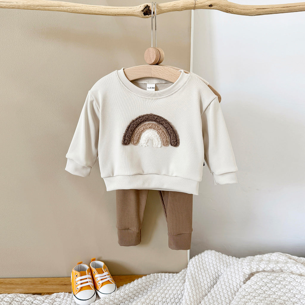 Cute Rainbow Baby Outfit, Loose Crewneck Sweatshirt And Brown Rib Pants
