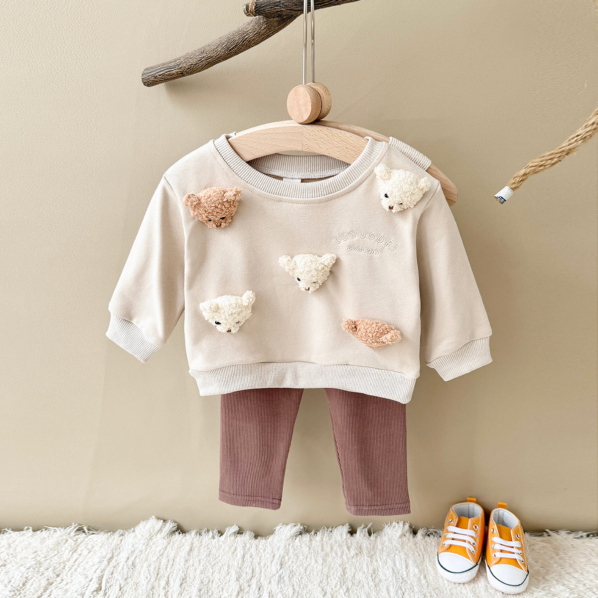 Baby Boy Girl Sweatshirt Set, 3D Teddy Top With Soft Stretch Rib Pants