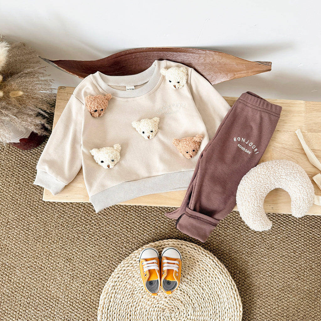 Baby Boy Girl Sweatshirt Set, 3D Teddy Top With Soft Stretch Rib Pants