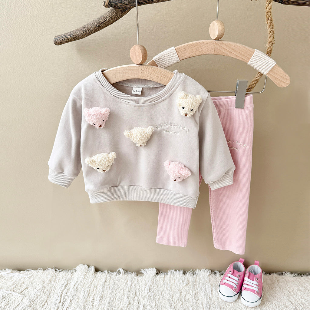 Baby Boy Girl Sweatshirt Set, 3D Teddy Top With Soft Stretch Rib Pants