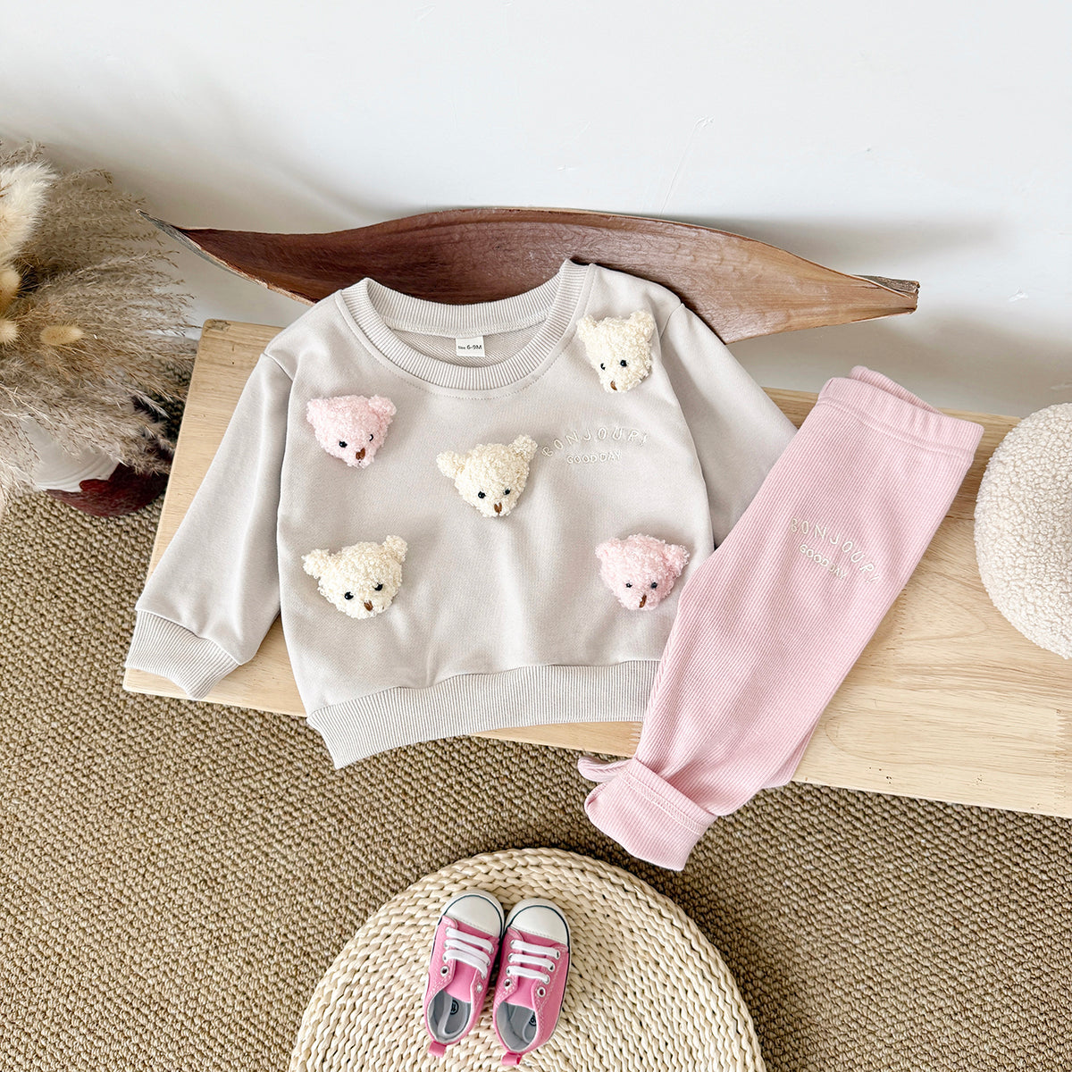 Baby Boy Girl Sweatshirt Set, 3D Teddy Top With Soft Stretch Rib Pants