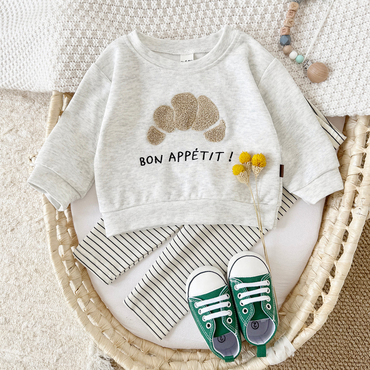 Spring Autumn Baby Outfit, Fun Cookie Print Sweatshirt Striped Pants Set