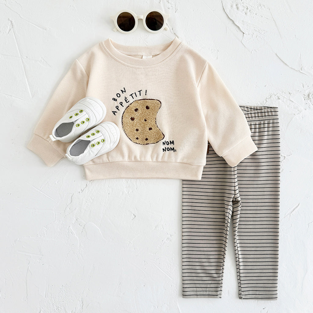 Spring Autumn Baby Outfit, Fun Cookie Print Sweatshirt Striped Pants Set