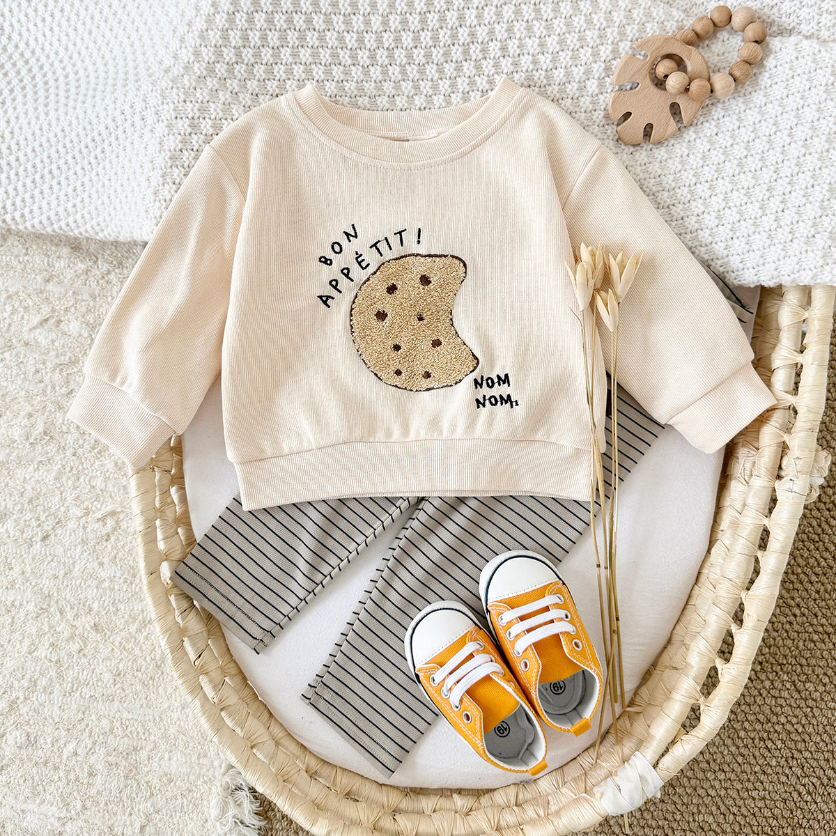 Spring Autumn Baby Outfit, Fun Cookie Print Sweatshirt Striped Pants Set