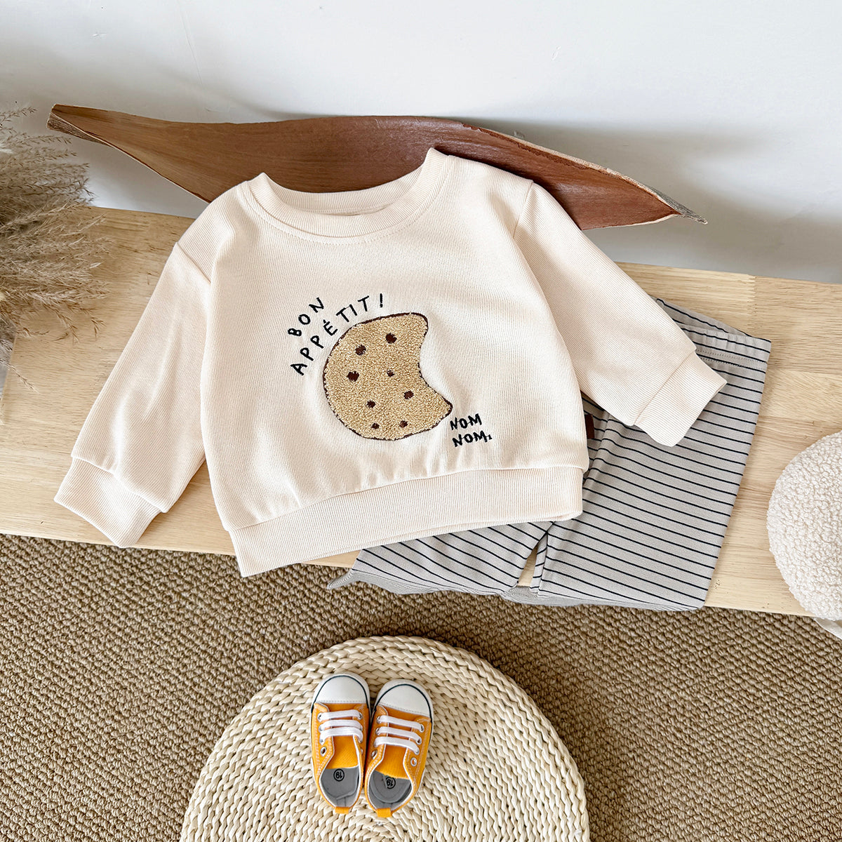 Spring Autumn Baby Outfit, Fun Cookie Print Sweatshirt Striped Pants Set