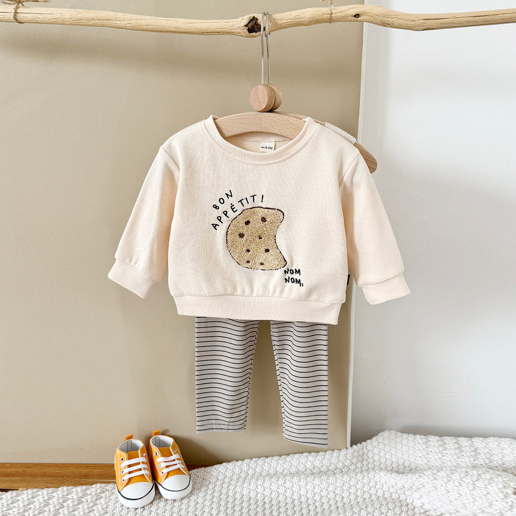 Spring Autumn Baby Outfit, Fun Cookie Print Sweatshirt Striped Pants Set