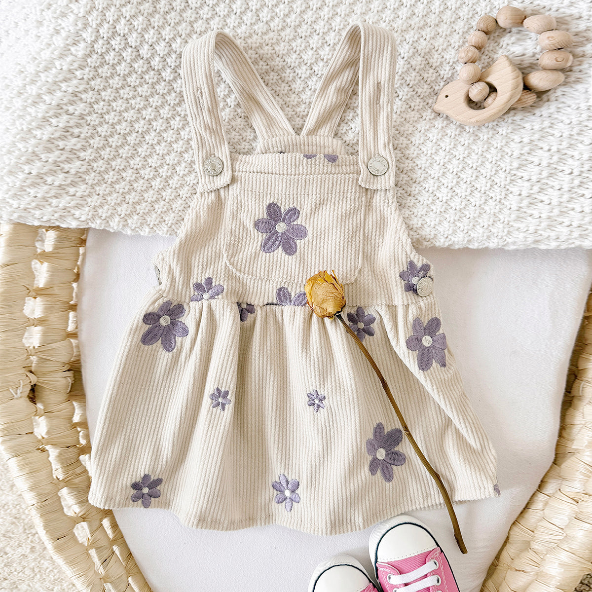 Spring Autumn Baby Girls Overall Dress, Flower Embroidery Loose Skirt