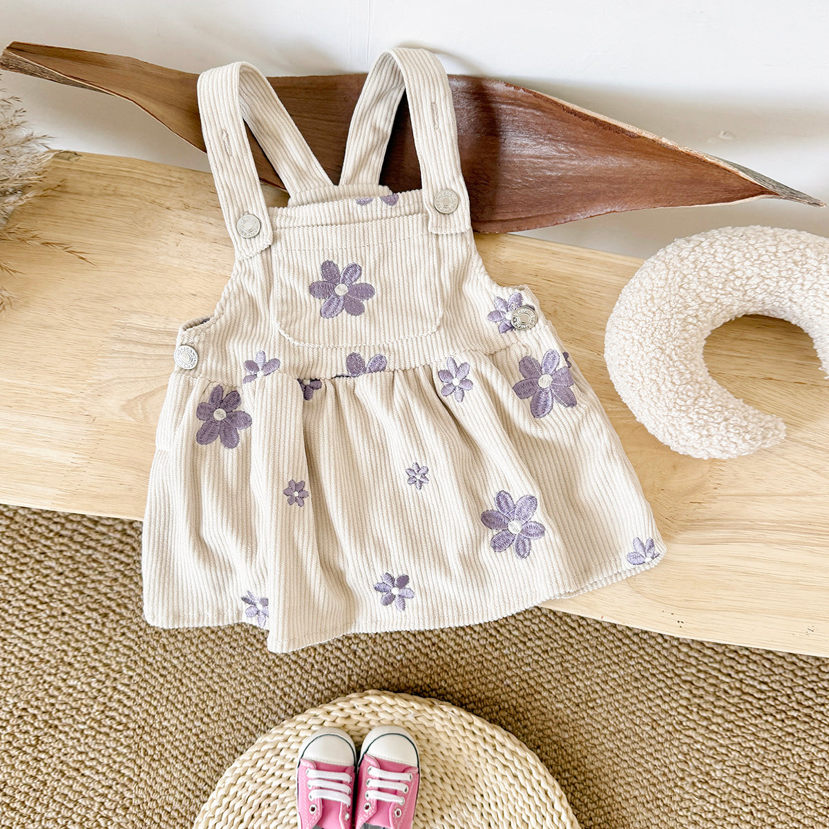 Spring Autumn Baby Girls Overall Dress, Flower Embroidery Loose Skirt