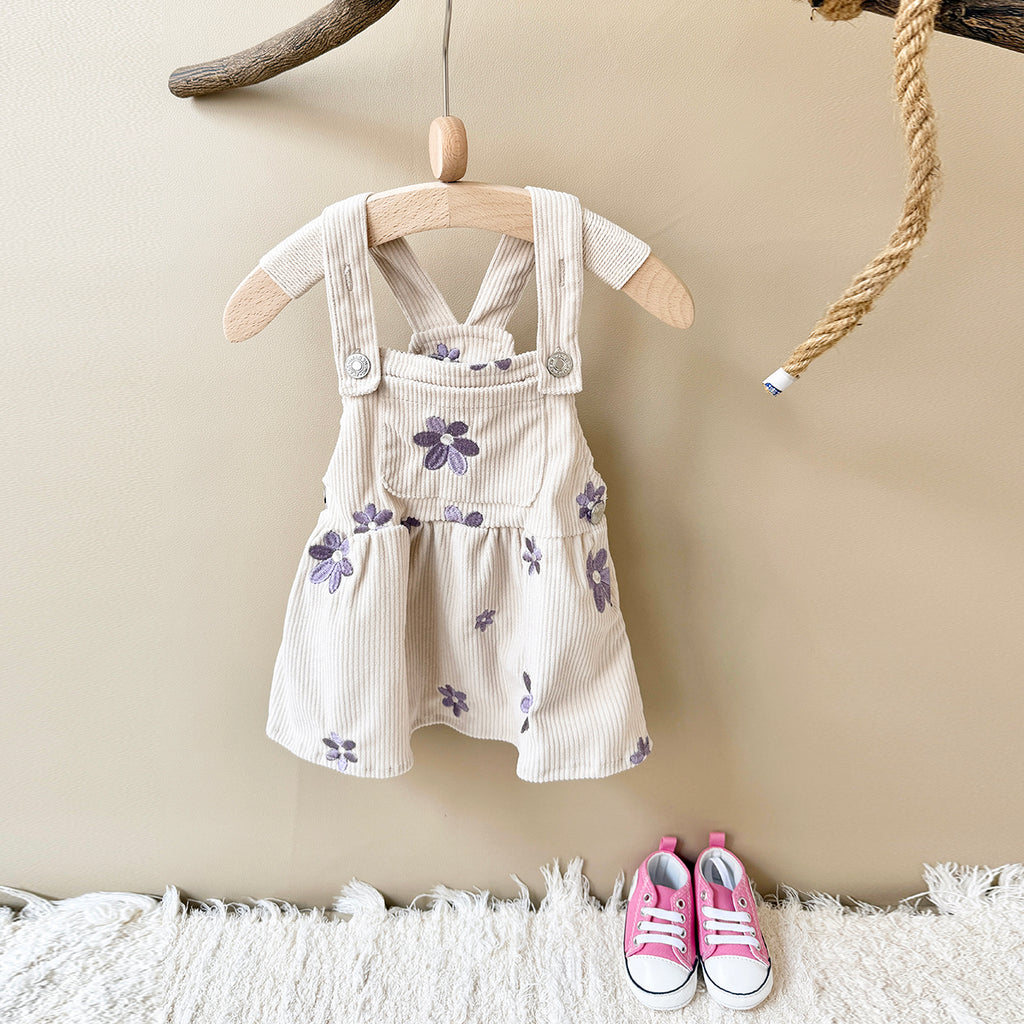 Spring Autumn Baby Girls Overall Dress, Flower Embroidery Loose Skirt