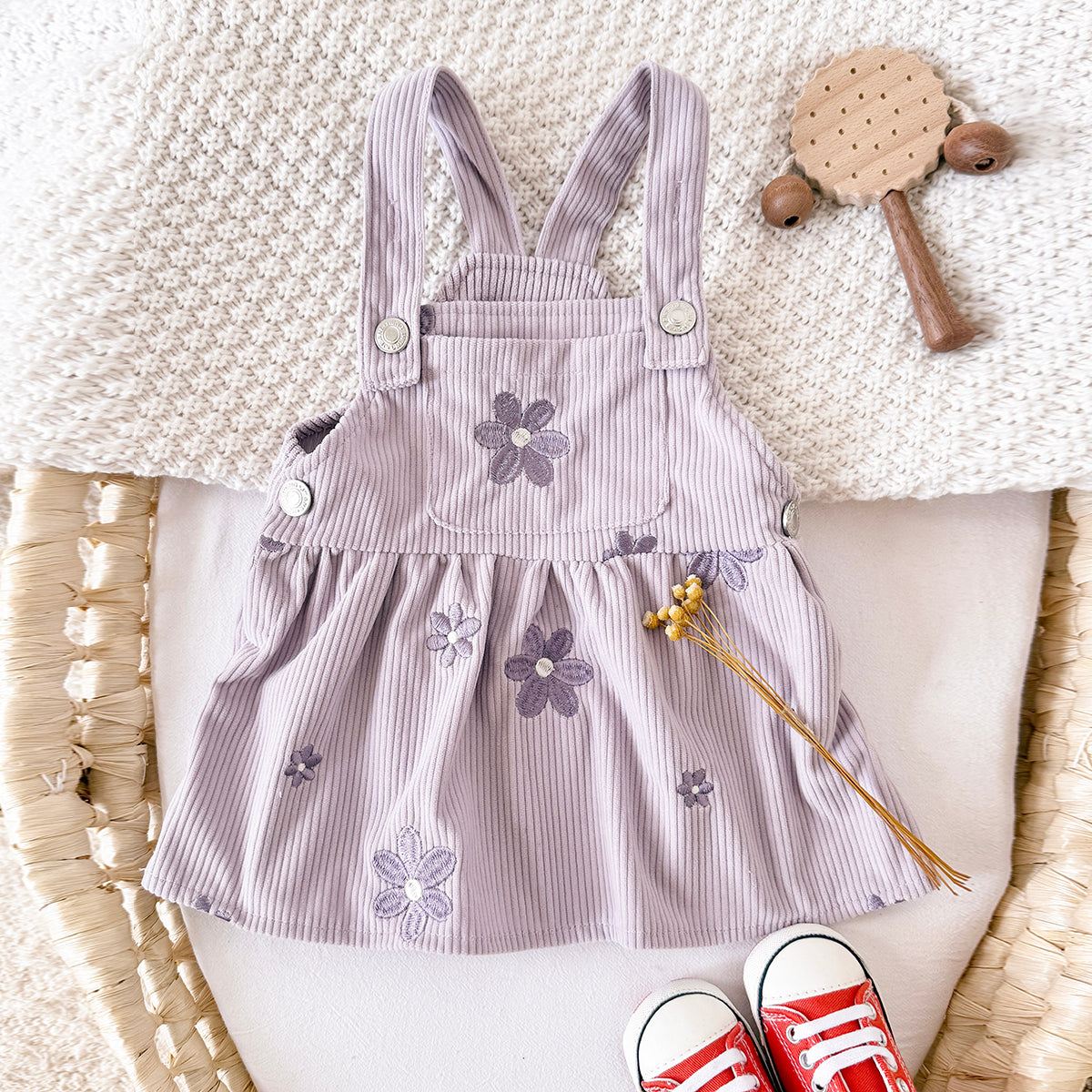 Spring Autumn Baby Girls Overall Dress, Flower Embroidery Loose Skirt