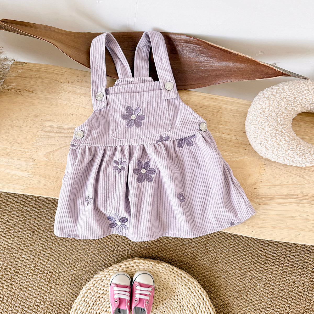 Spring Autumn Baby Girls Overall Dress, Flower Embroidery Loose Skirt