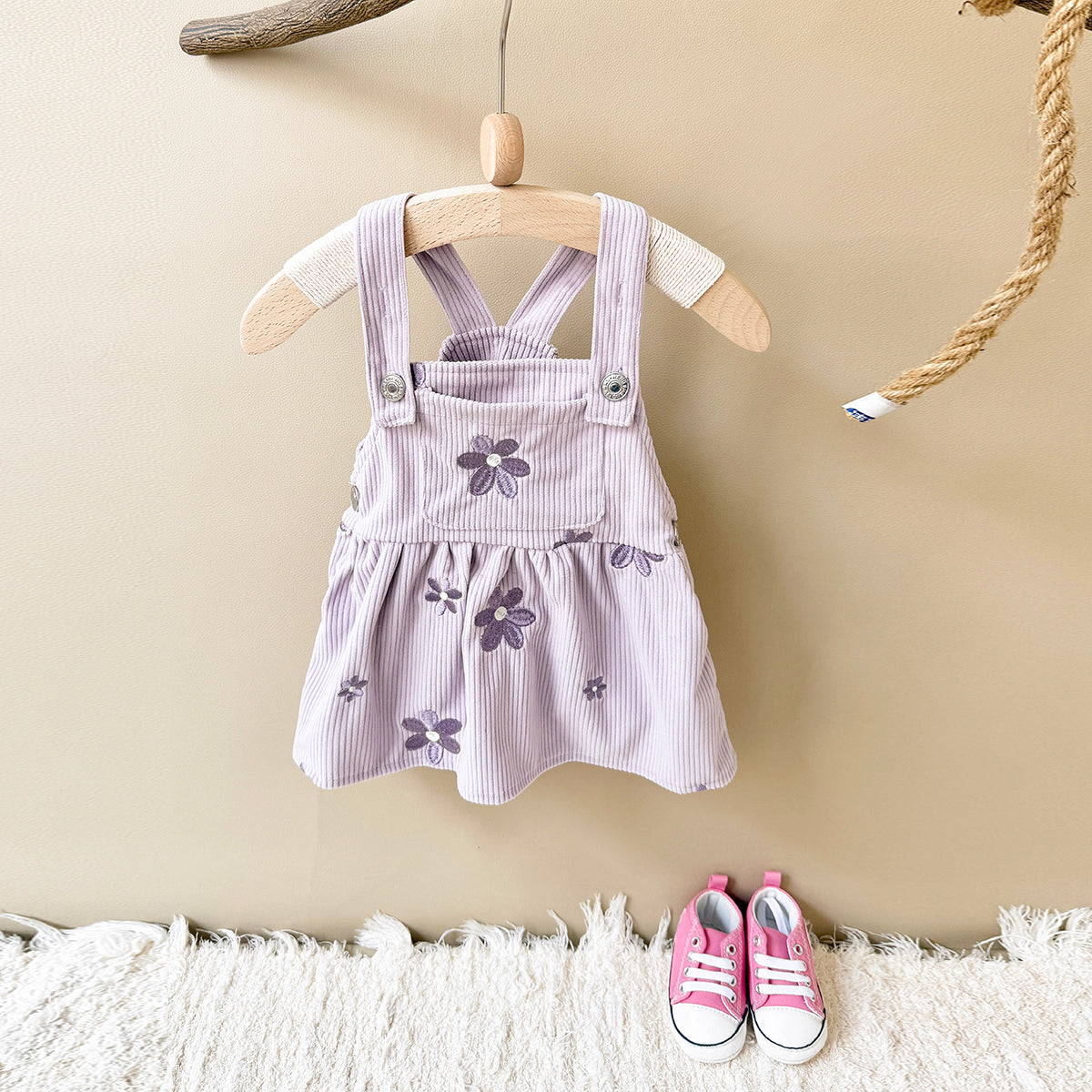 Spring Autumn Baby Girls Overall Dress, Flower Embroidery Loose Skirt