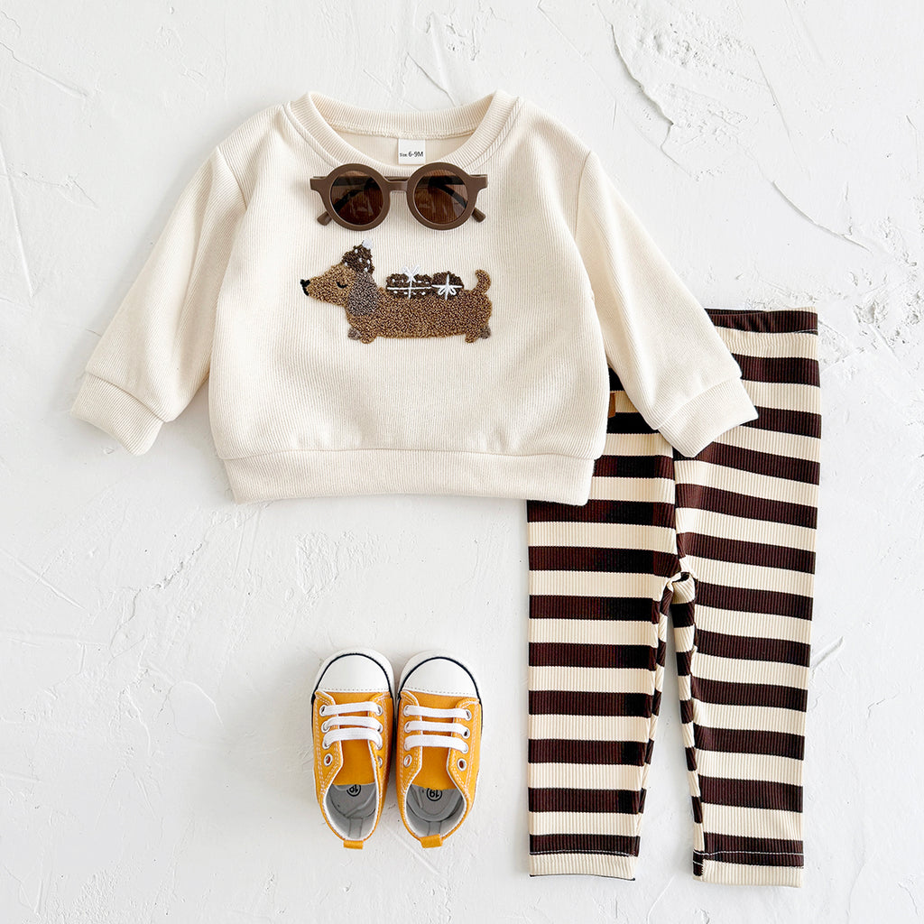 Spring Autumn Baby Set, Fun Dachshund Sweatshirt & Striped Pants