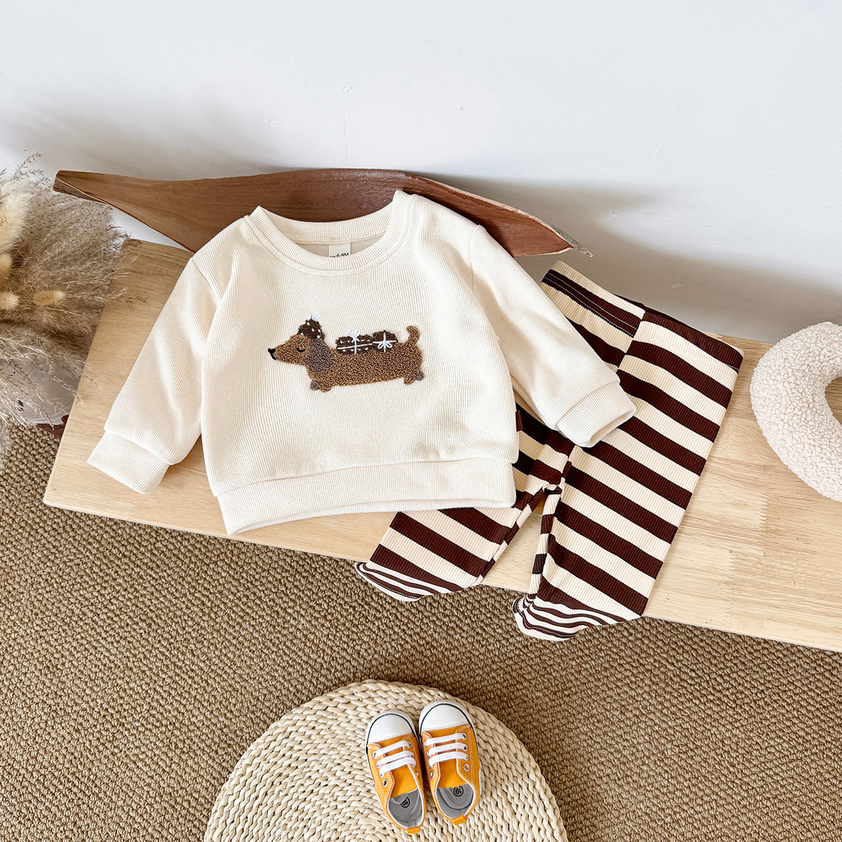 Spring Autumn Baby Set, Fun Dachshund Sweatshirt & Striped Pants