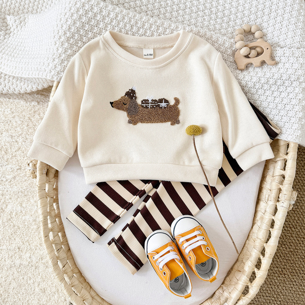 Spring Autumn Baby Set, Fun Dachshund Sweatshirt & Striped Pants