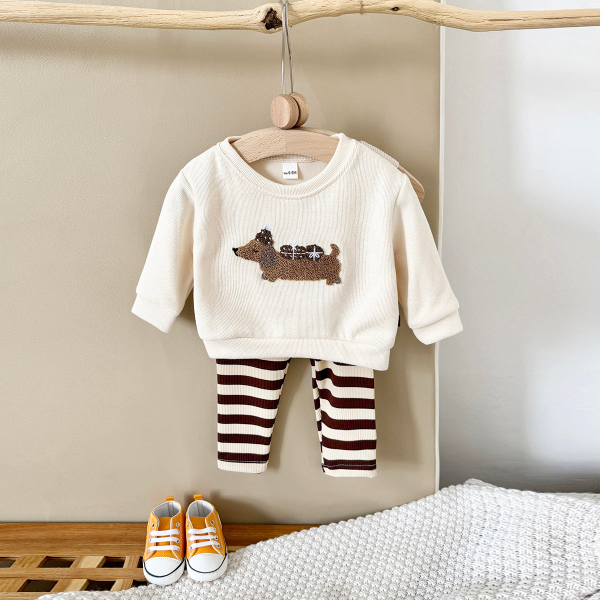 Spring Autumn Baby Set, Fun Dachshund Sweatshirt & Striped Pants