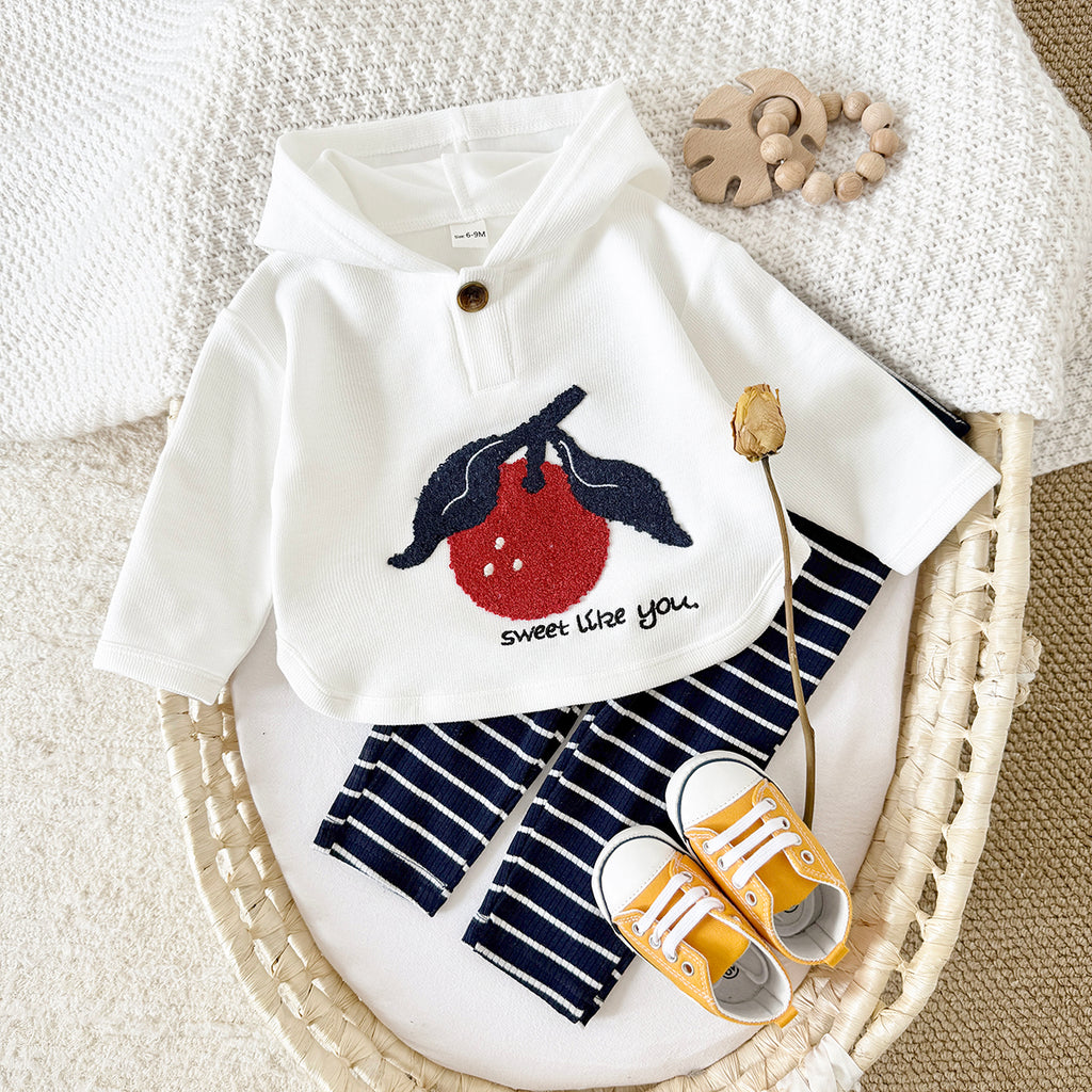 Spring Autumn Baby Set, Cherry Sweatshirt & Navy Striped Pants