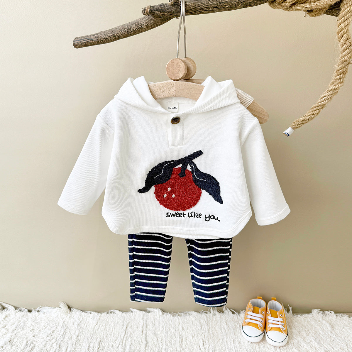 Spring Autumn Baby Set, Cherry Sweatshirt & Navy Striped Pants