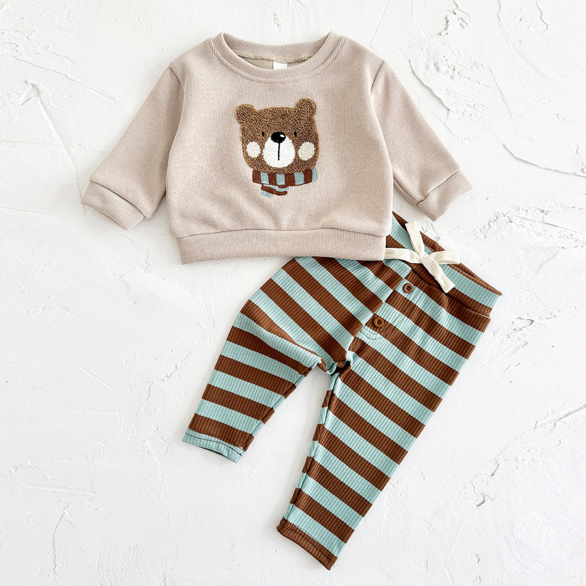 Vintage Bear Baby Outfit, Loose Crewneck Bear Sweatshirt And Striped Pants
