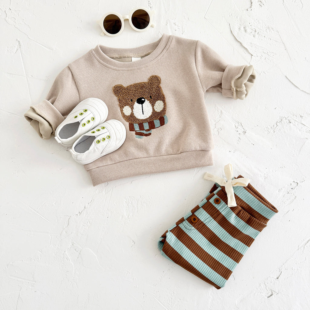 Vintage Bear Baby Outfit, Loose Crewneck Bear Sweatshirt And Striped Pants