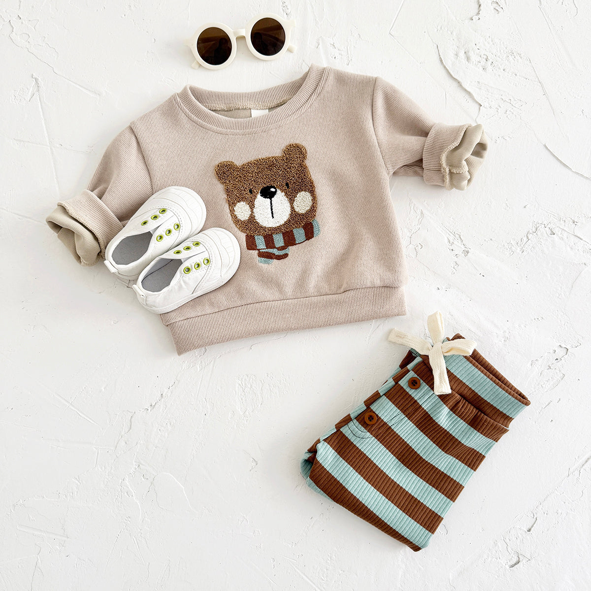 Vintage Bear Baby Outfit, Loose Crewneck Bear Sweatshirt And Striped Pants