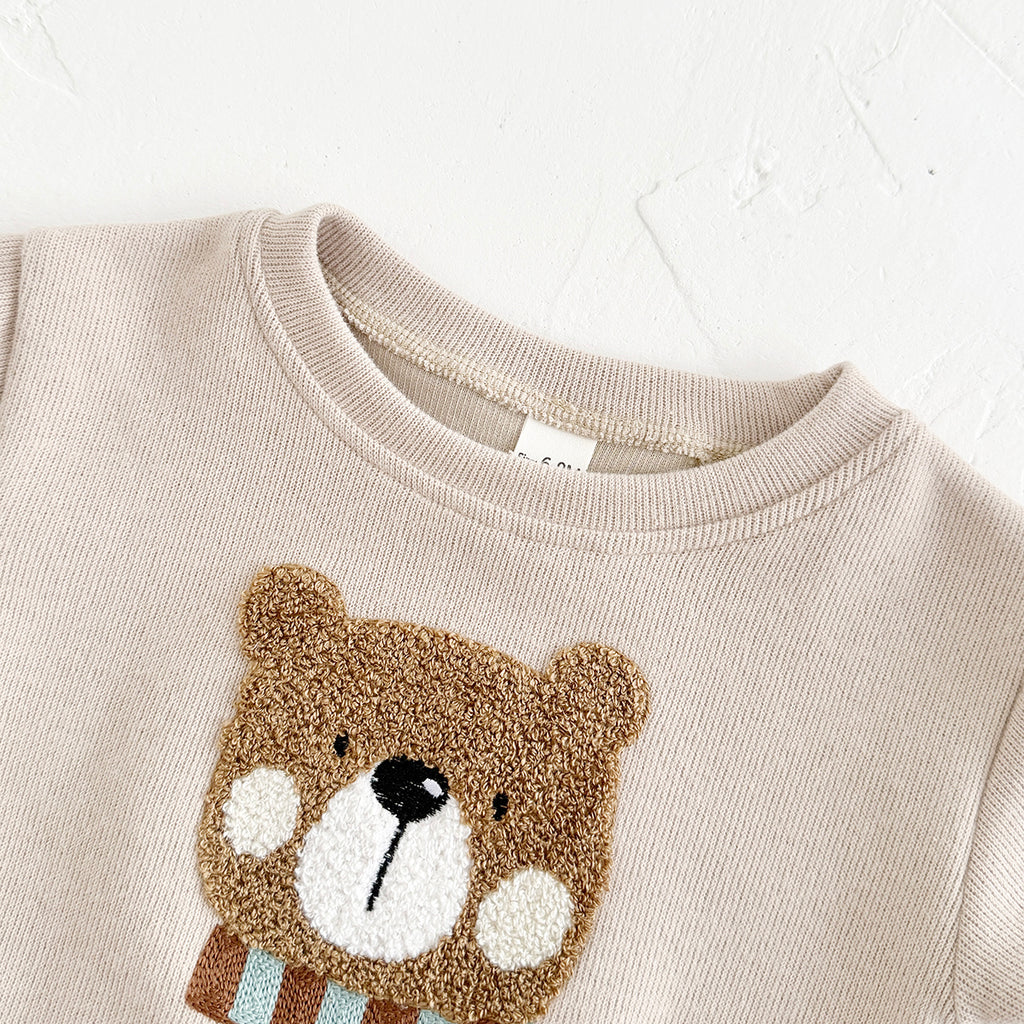 Vintage Bear Baby Outfit, Loose Crewneck Bear Sweatshirt And Striped Pants